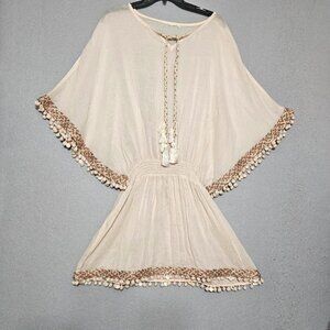 Elegant Sheer Linen Angel Wing Tunic Blouse Shells & Chenille Braid Trim OneSize